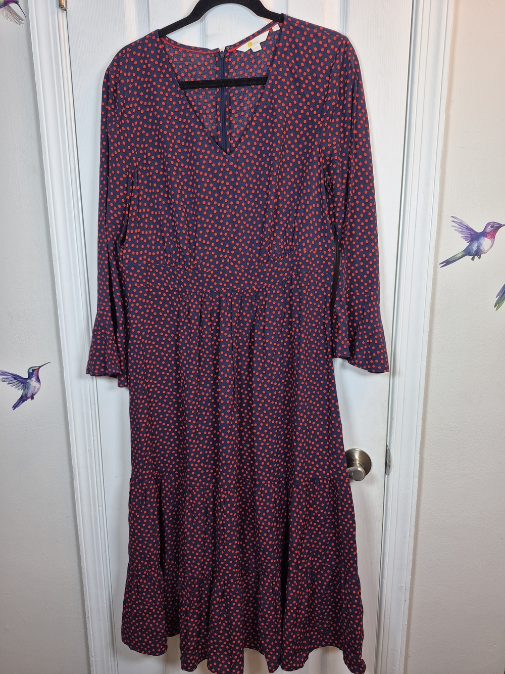 Boden Red Polka Dot Tiered Midi Dress V-Neck Bell Sleeve Retro Cottagecore 10R